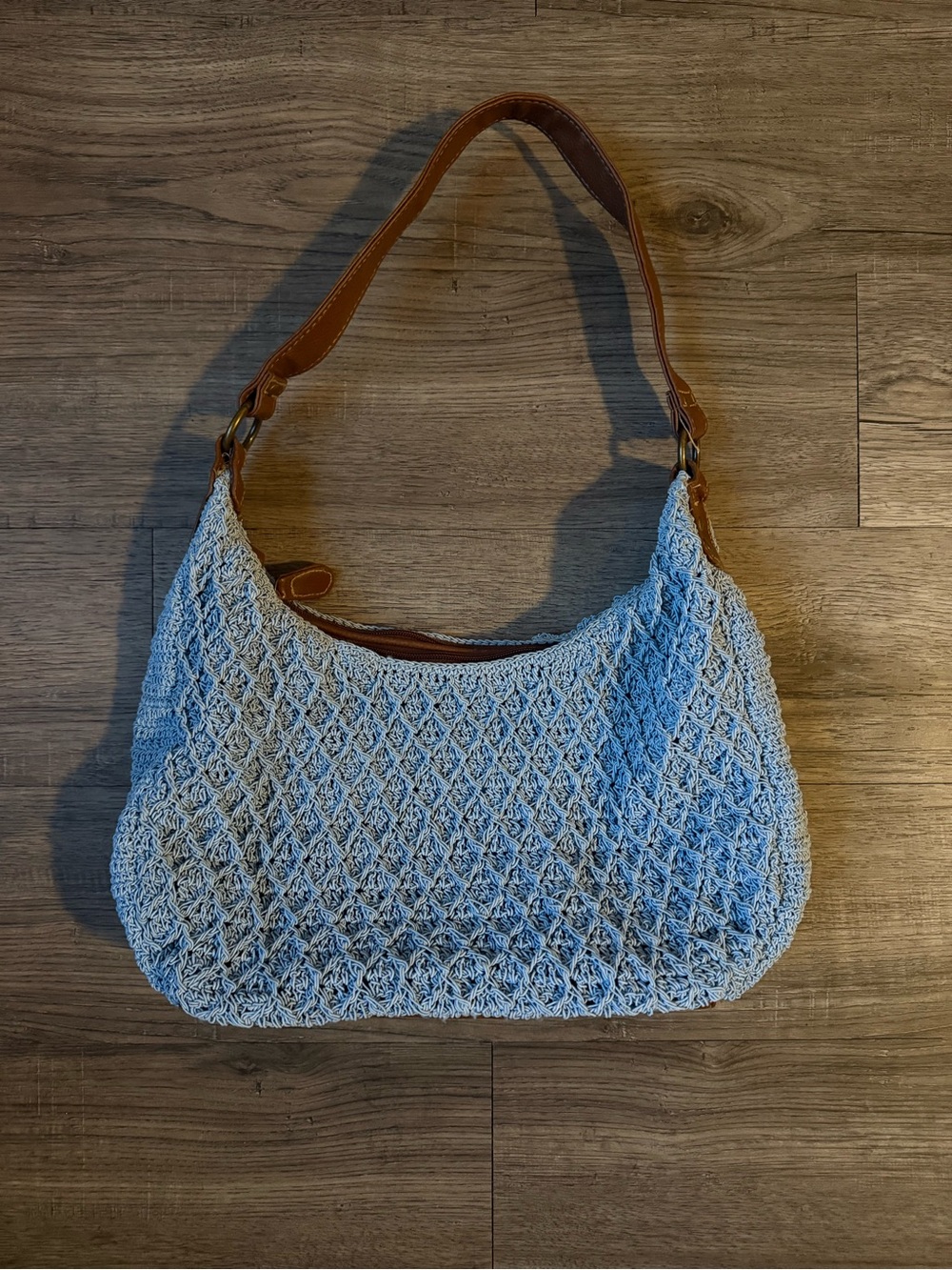 Woven Crochet Shoulder Bag with Brown Leather Strap